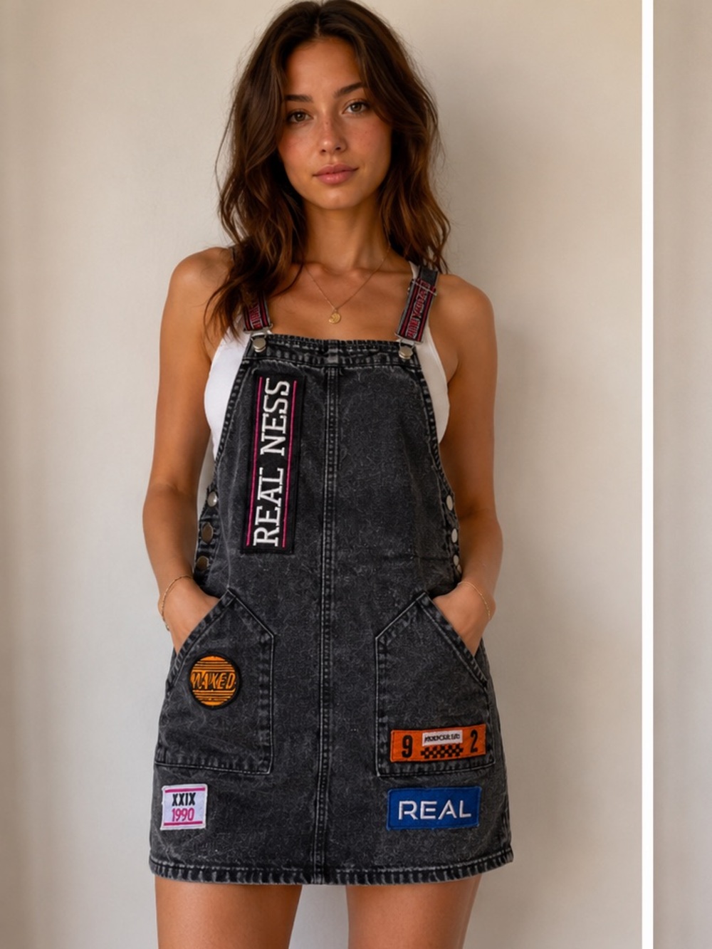 Forever 21 Black Washed Denim Pinafore with Colorful Patch Details